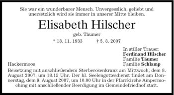 Traueranzeige von Elisabeth Hilscher von HOLZKIRCHENER MERKUR