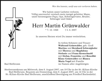 Traueranzeige von Martin Grünwalder von MERKUR & TZ