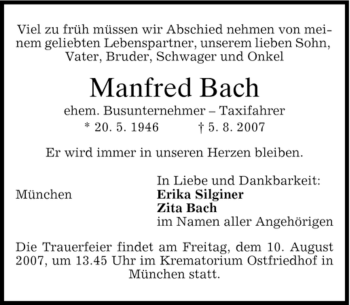 Traueranzeige von Manfred Bach von DORFENER NACHRICHTEN