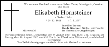 Traueranzeige von Elisabeth Hornsteiner von MERKUR & TZ