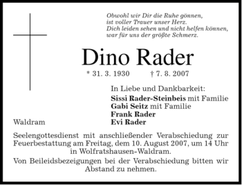 Traueranzeige von Dino Rader von MERKUR & TZ