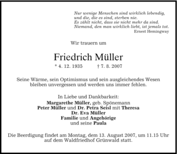Traueranzeige von Friedrich Müller von DORFENER NACHRICHTEN