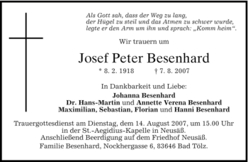 Traueranzeige von Josef Peter Besenhard von DORFENER NACHRICHTEN