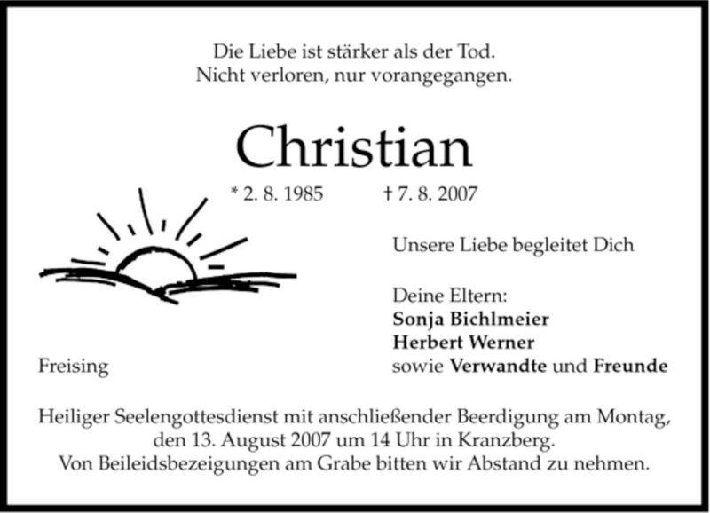  Traueranzeige für Christian Bichlmeier vom 11.08.2007 aus MERKUR & TZ