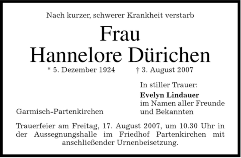  Traueranzeige für Hannelore Dürichen vom 14.08.2007 aus MERKUR & TZ