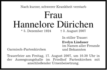 Traueranzeige von Hannelore Dürichen von MERKUR & TZ