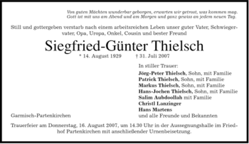 Traueranzeige von Siegfried-Günter Thielsch von MERKUR & TZ