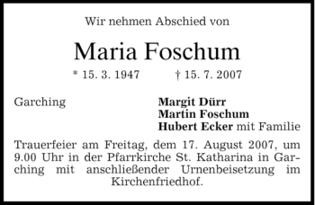 Traueranzeige von Maria Foschum von DORFENER NACHRICHTEN
