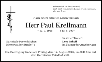 Traueranzeige von Paul Krellmann von MERKUR & TZ