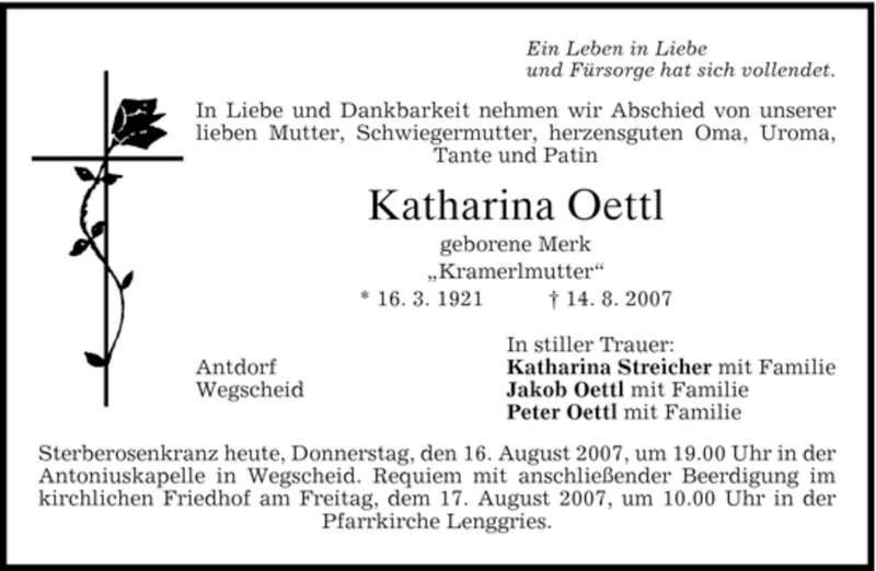  Traueranzeige für Katharina Oettl vom 16.08.2007 aus MERKUR & TZ