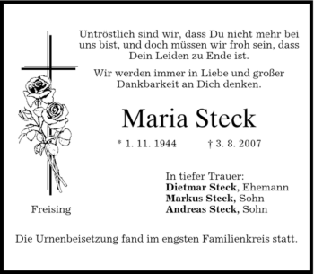 Traueranzeige von Maria Steck von MERKUR & TZ