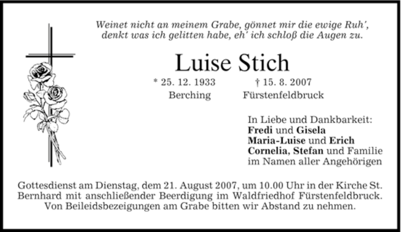  Traueranzeige für Luise Stich vom 18.08.2007 aus MERKUR & TZ