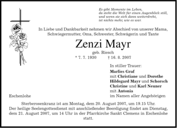 Traueranzeige von Zenzi Mayr von MERKUR & TZ