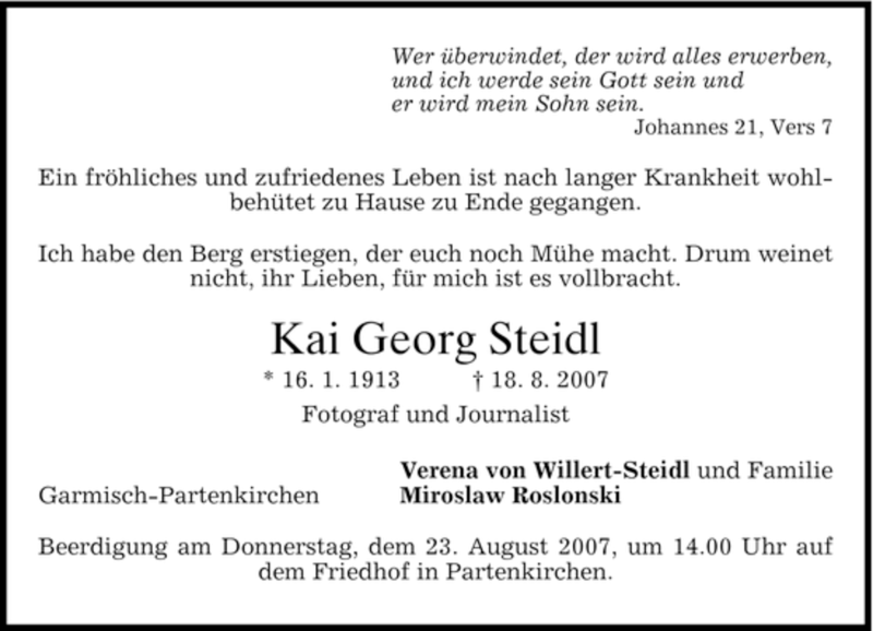  Traueranzeige für Kai Georg Steidl vom 21.08.2007 aus DORFENER NACHRICHTEN