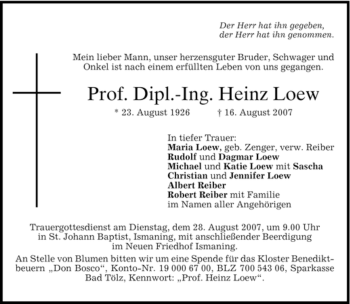 Traueranzeige von Heinz Loew von DORFENER NACHRICHTEN