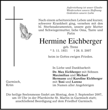 Traueranzeige von Hermine Eichberger von MERKUR & TZ