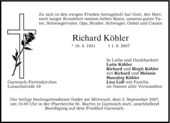 Traueranzeige von Richard Köhler von MERKUR & TZ