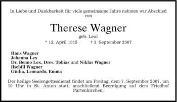 Traueranzeige von Therese Wagner von MERKUR & TZ