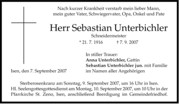 Traueranzeige von Sebastian Unterbichler von MERKUR & TZ