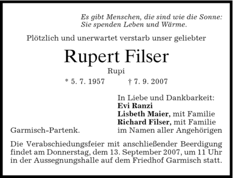  Traueranzeige für Rupert Filser vom 11.09.2007 aus MERKUR & TZ