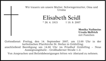 Traueranzeige von Elisabeth Seidl von DORFENER NACHRICHTEN