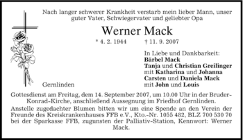Traueranzeige von Werner Mack von MERKUR & TZ