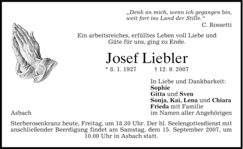  Traueranzeige für Josef Liebler vom 14.09.2007 aus HOLZKIRCHENER MERKUR
