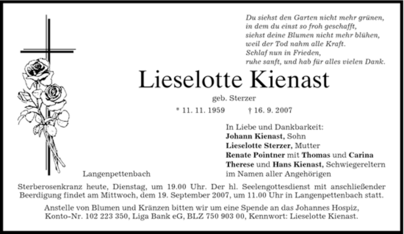  Traueranzeige für Lieselotte Kienast vom 18.09.2007 aus HOLZKIRCHENER MERKUR