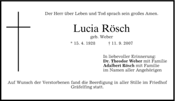 Traueranzeige von Lucia Rösch von DORFENER NACHRICHTEN