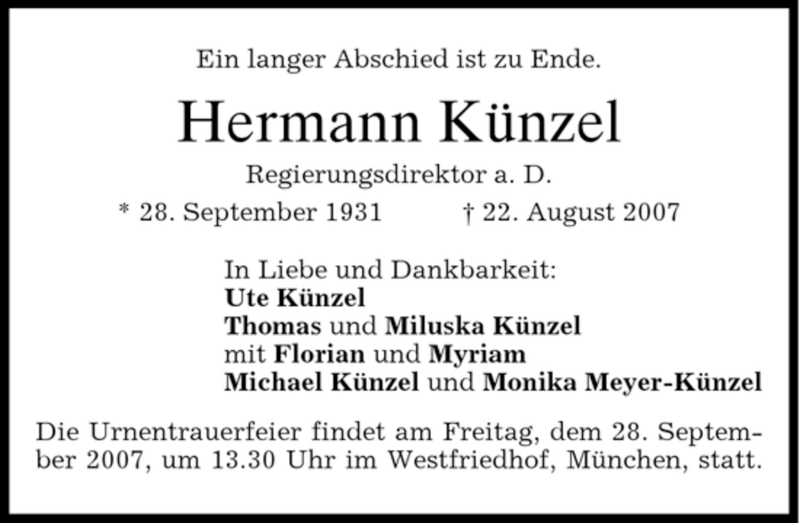 Traueranzeigen von Hermann Künzel | trauer.merkur.de