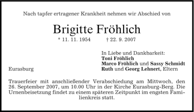  Traueranzeige für Brigitte Fröhlich vom 24.09.2007 aus MERKUR & TZ