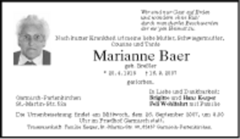  Traueranzeige für Marianne Baer vom 24.09.2007 aus MERKUR & TZ