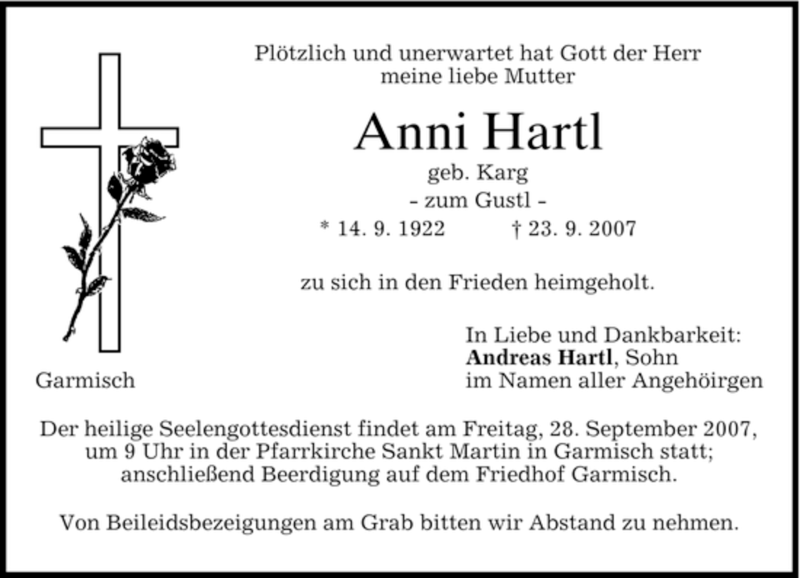  Traueranzeige für Anni Hartl vom 26.09.2007 aus MERKUR & TZ