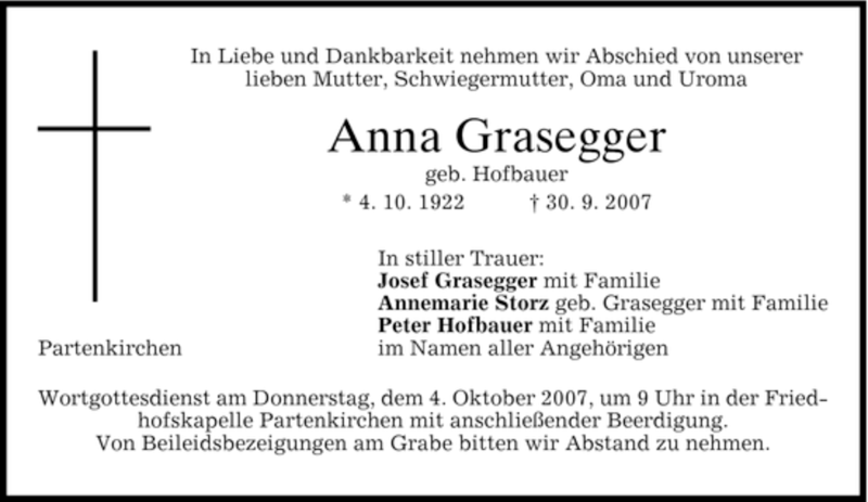  Traueranzeige für Anna Grasegger vom 02.10.2007 aus MERKUR & TZ