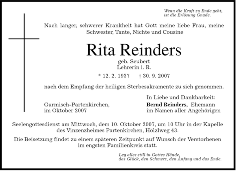  Traueranzeige für Rita Reinders vom 06.10.2007 aus MERKUR & TZ