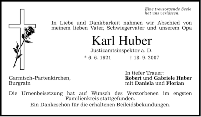  Traueranzeige für Karl Huber vom 06.10.2007 aus MERKUR & TZ