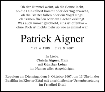 Traueranzeige von Patrick Aigner von MERKUR & TZ
