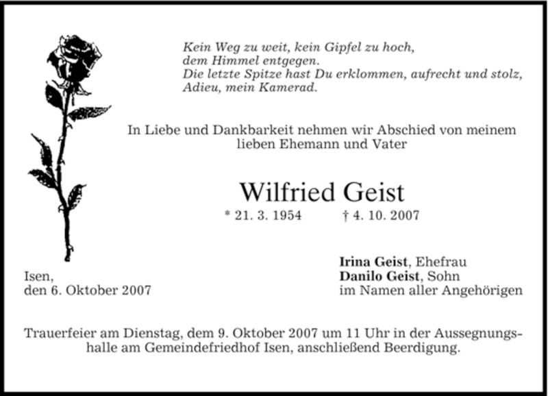  Traueranzeige für Wilfreid Geist vom 06.10.2007 aus MERKUR & TZ