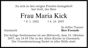 Traueranzeige von Maria Kick von MERKUR & TZ