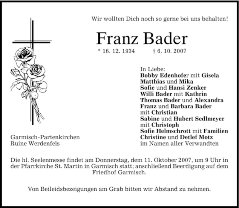 Traueranzeige für Franz Bader vom 09.10.2007 aus MERKUR & TZ