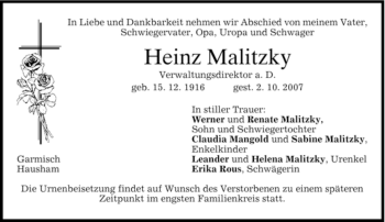 Traueranzeige von Heinz Malitzky von MERKUR & TZ