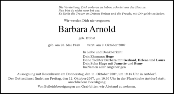Traueranzeige von Barbara Arnold von MERKUR & TZ