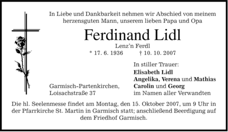  Traueranzeige für Ferdinand Lidl vom 12.10.2007 aus MERKUR & TZ