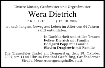 Traueranzeige von Wera Dietrich von DORFENER NACHRICHTEN