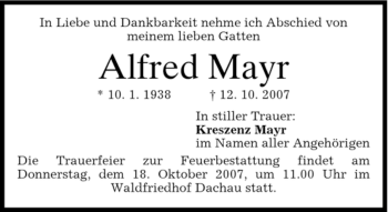 Traueranzeige von Alfred Mayr von HOLZKIRCHENER MERKUR