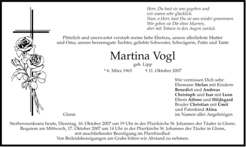  Traueranzeige für Martina Vogl vom 16.10.2007 aus GARMISCH-PARTENK. TAGBLATT
