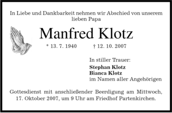 Traueranzeige von Manfred Klotz von MERKUR & TZ