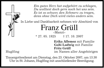 Traueranzeige von Franz Grüll von MERKUR & TZ