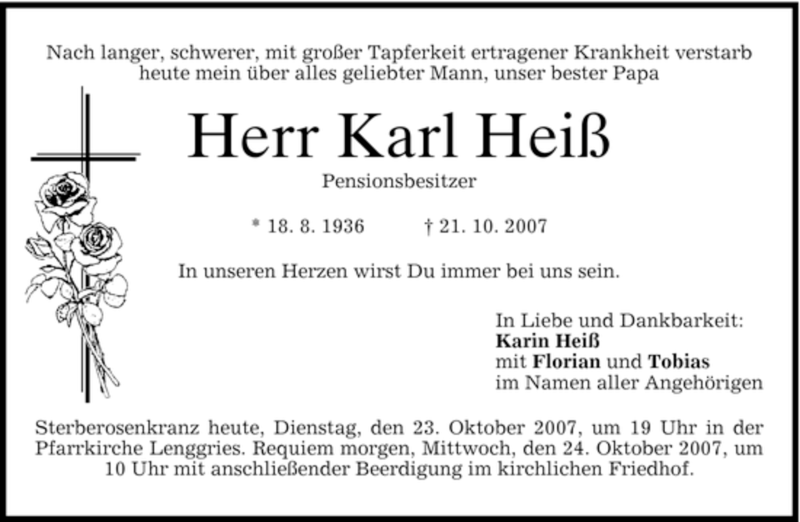  Traueranzeige für Karl Heiß vom 23.10.2007 aus MERKUR & TZ