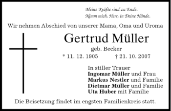 Traueranzeige von Gertrud Müller von MERKUR & TZ
